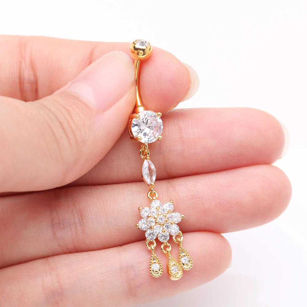 Golden Mandala Flower Sparkle Teardrop Dangle Belly Button Ring - Image 4