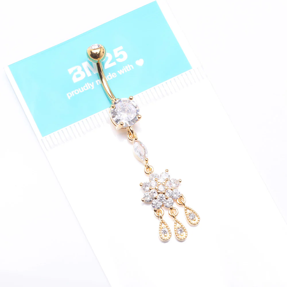 Golden Mandala Flower Sparkle Teardrop Dangle Belly Button Ring - Image 5