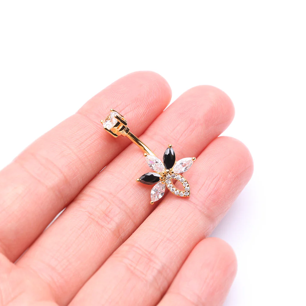 Golden Marquise Brilliance Leaflet Flower Sparkle Belly Button Ring - Image 4