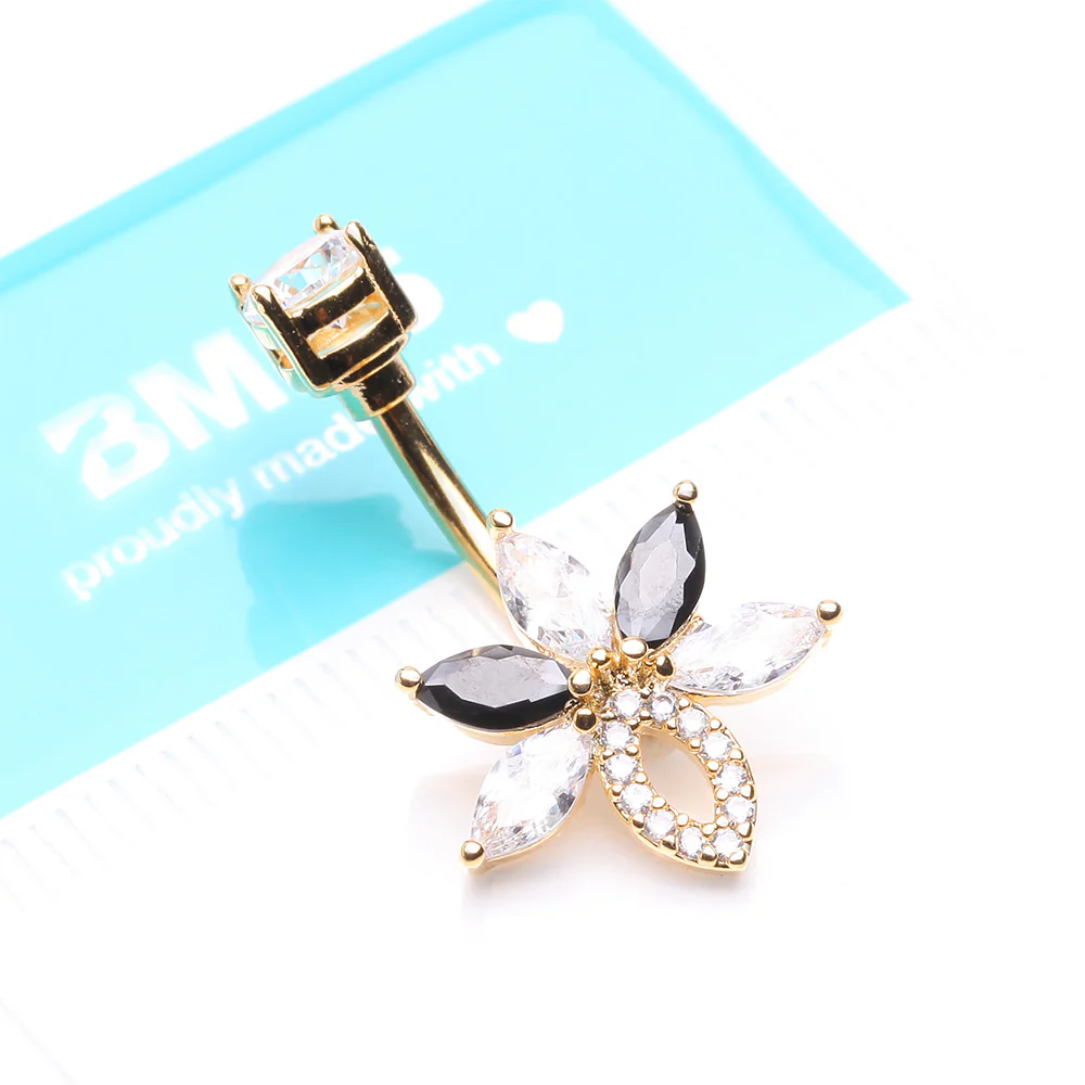 Golden Marquise Brilliance Leaflet Flower Sparkle Belly Button Ring - Image 5