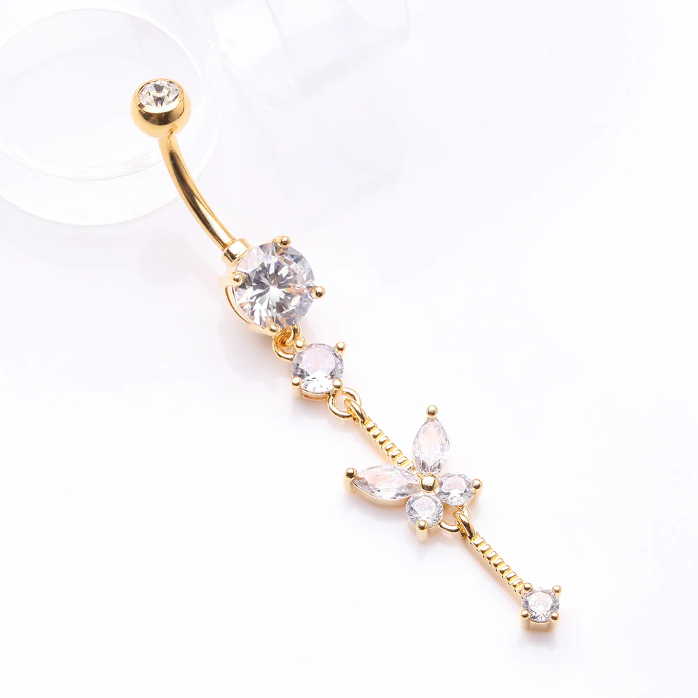 Golden Marquise Butterfly Gem Sparkle Dangle Elegance Belly Button Ring - Image 3