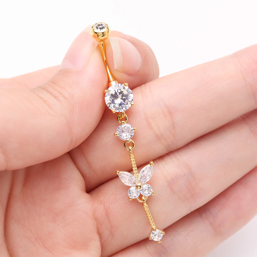 Golden Marquise Butterfly Gem Sparkle Dangle Elegance Belly Button Ring - Image 4