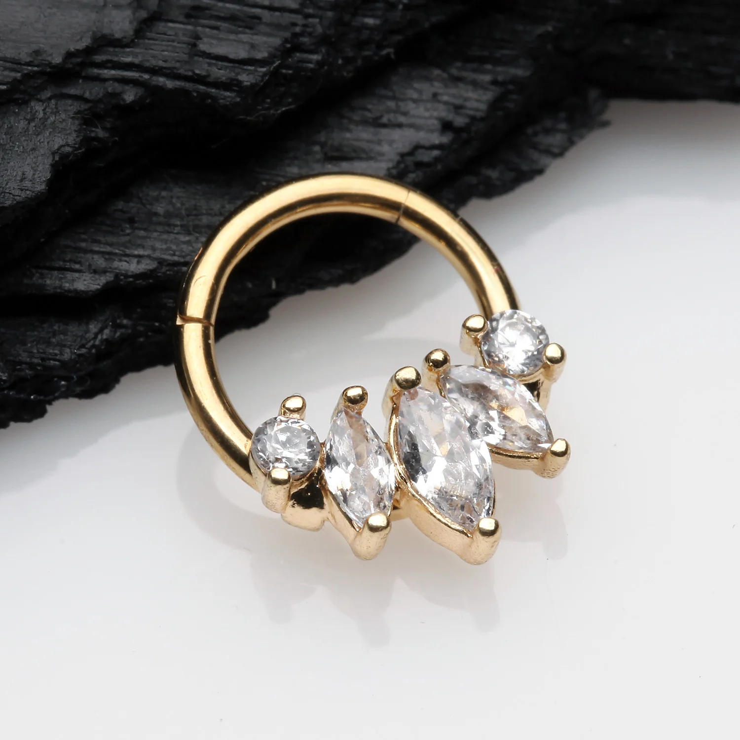 Golden Marquise Floral Sparkle Gem Seamless Clicker Hoop Ring - Image 2