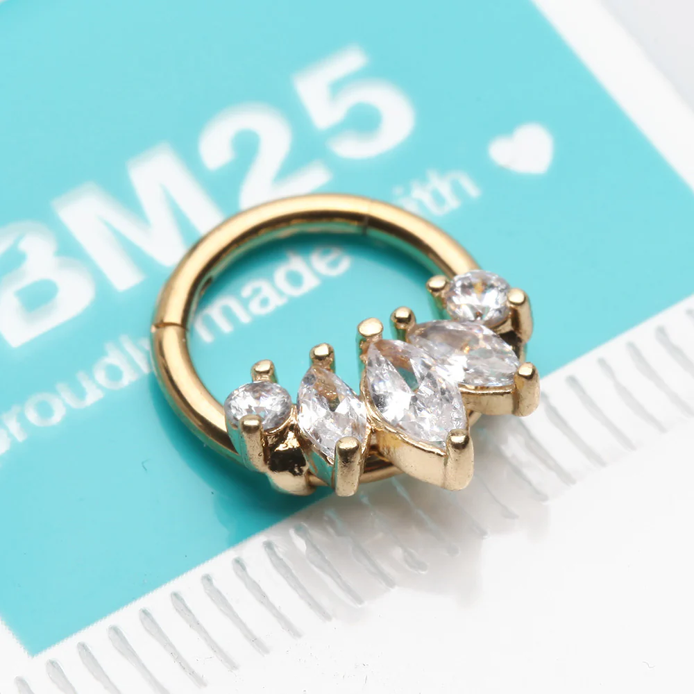 Golden Marquise Floral Sparkle Gem Seamless Clicker Hoop Ring - Image 3