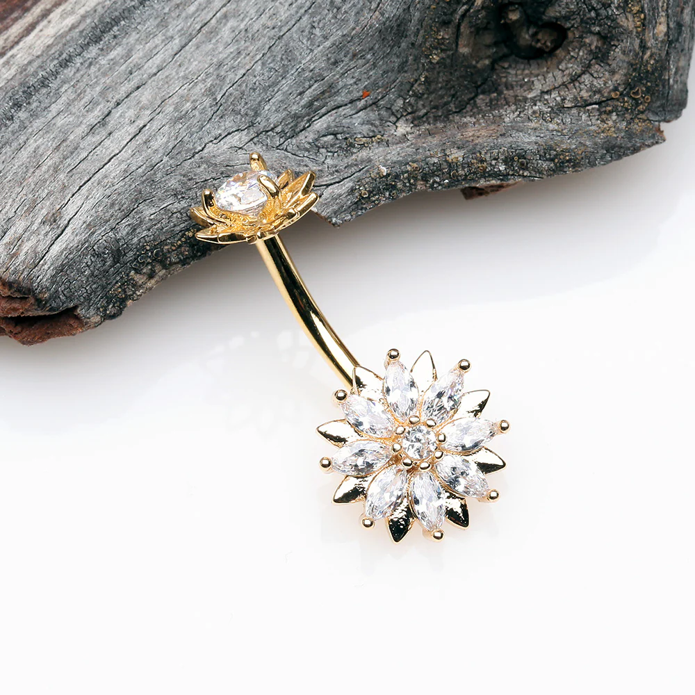 Golden Marquise Sparkle Flower Internally Threaded Belly Button Ring - Image 3