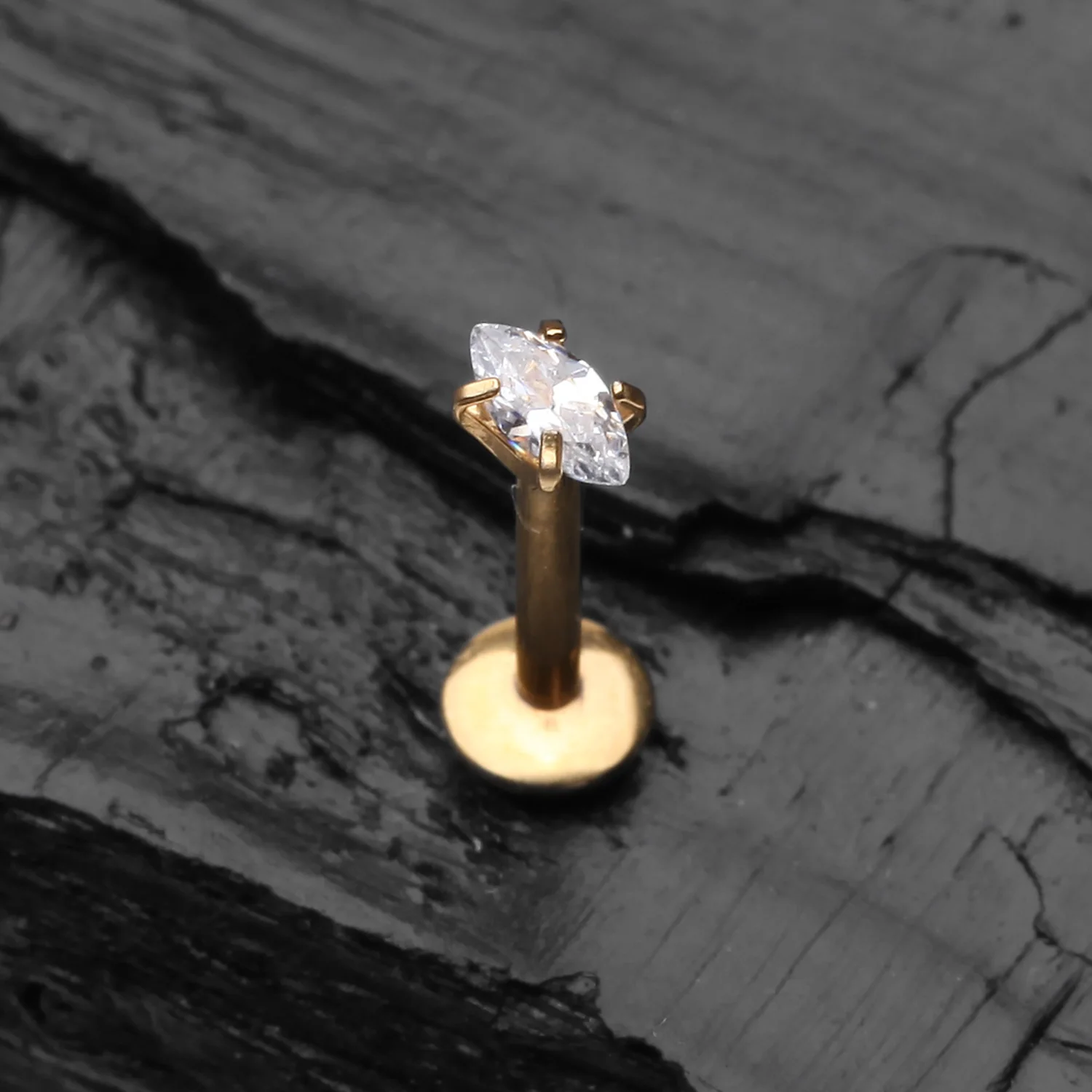 Golden Marquise Sparkle Prong Set Gem Top Internally Threaded Steel Labret - Image 2