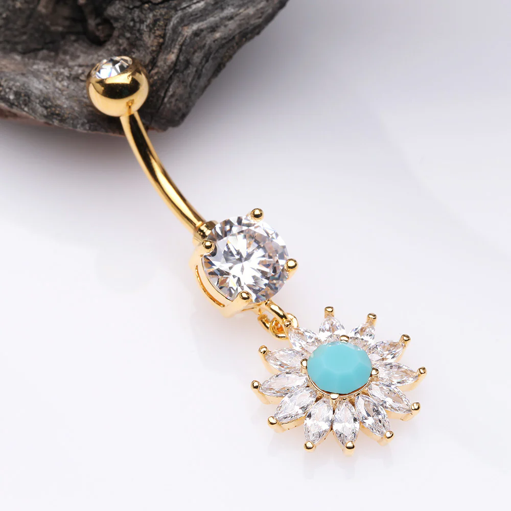 Golden Marquise Sparkle Rays Turquoise Flower Belly Button Ring - Image 3