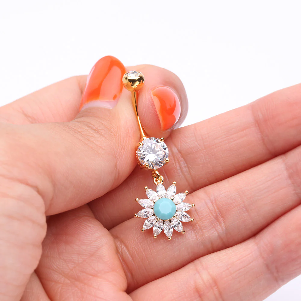Golden Marquise Sparkle Rays Turquoise Flower Belly Button Ring - Image 4