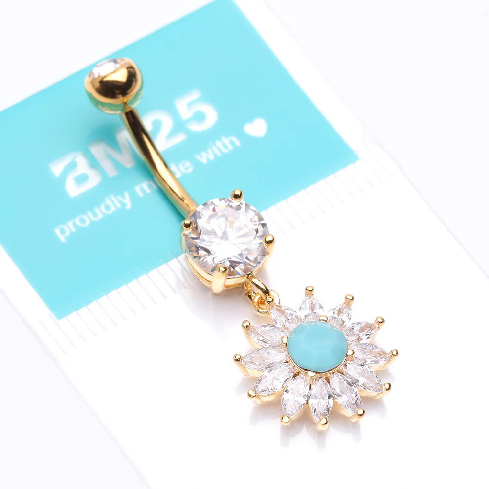 Golden Marquise Sparkle Rays Turquoise Flower Belly Button Ring - Image 5