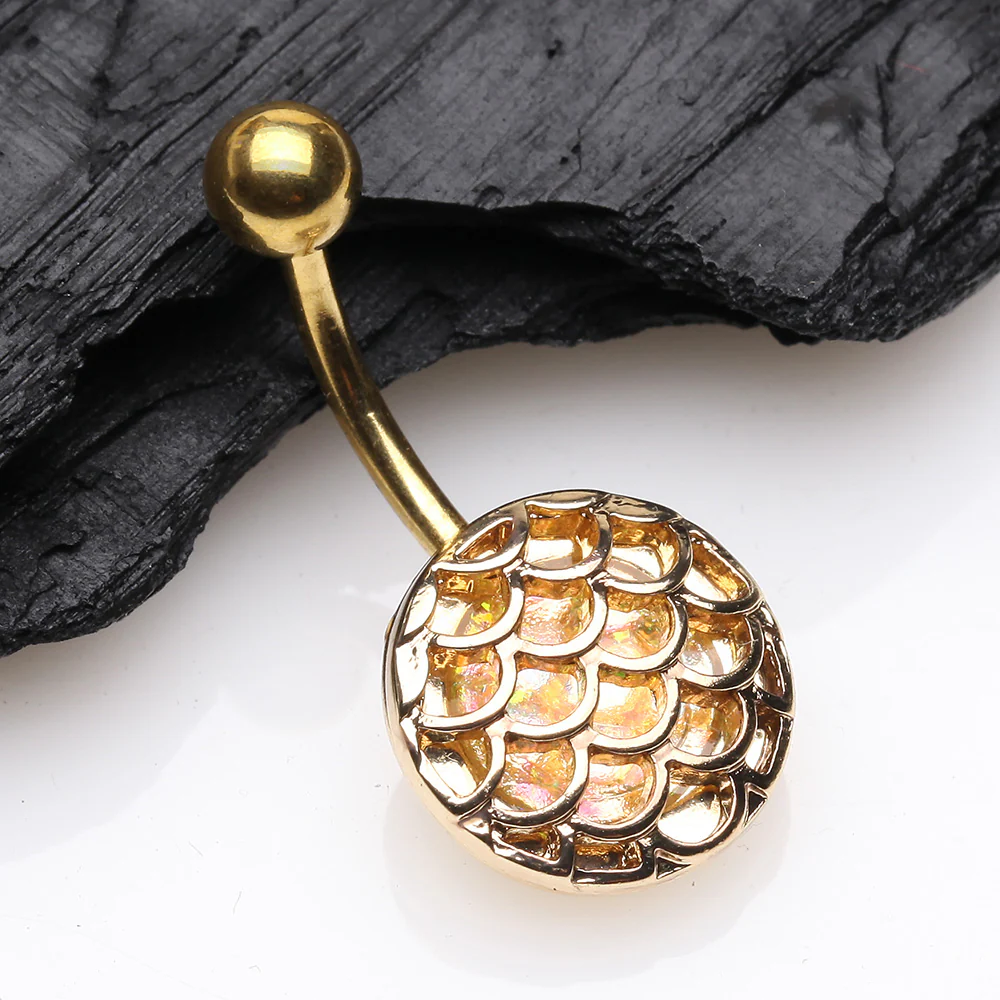 Golden Mermaid Scale Opalescent Sparkle Encased Belly Button Ring - Image 3