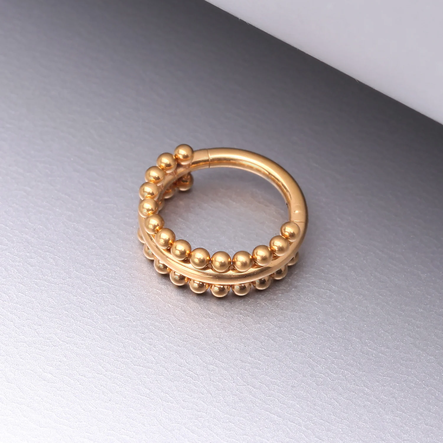 Golden Milgrain Beads Laced Steel Seamless Clicker Hoop Ring - Image 2