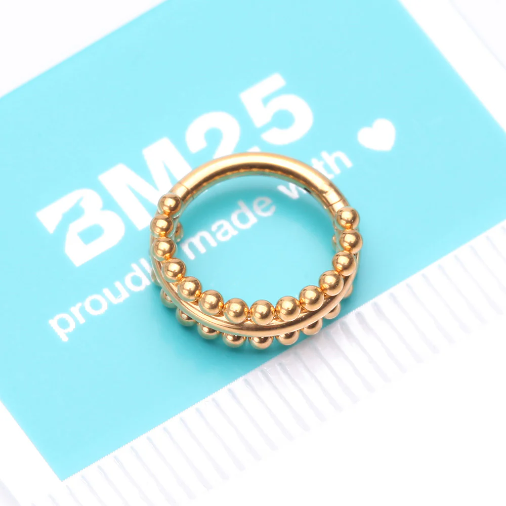 Golden Milgrain Beads Laced Steel Seamless Clicker Hoop Ring - Image 5