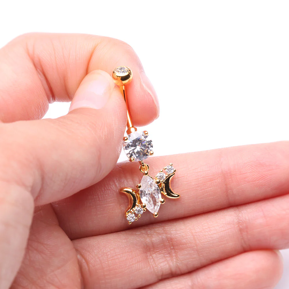 Golden Moon Goddess Marquise Sparkle Belly Button Ring - Image 4