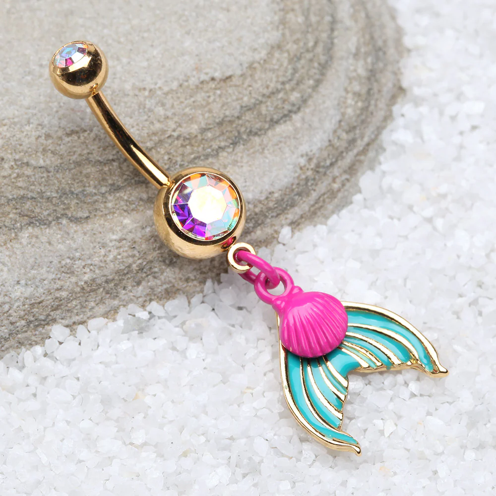 Golden Mystic Mermaid Sparkle Belly Button Ring - Image 3