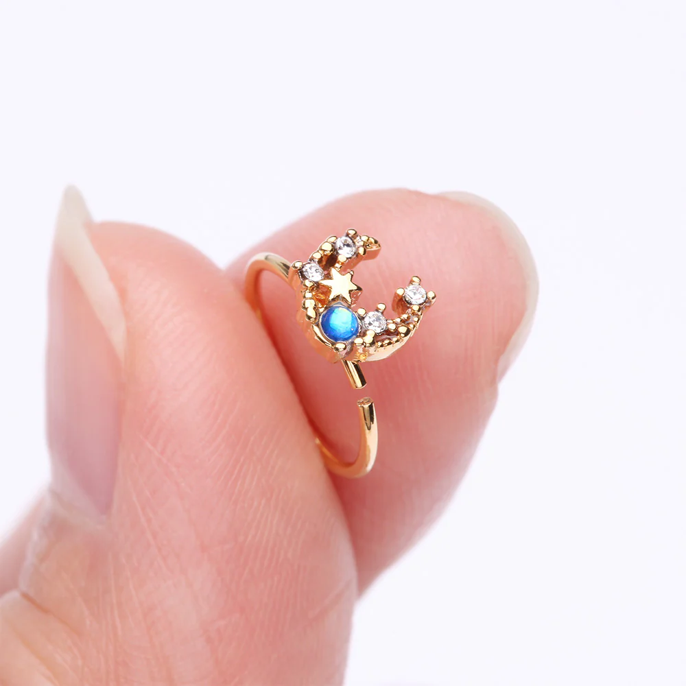 Golden Mystic Opalescent Crescent Moon and Star Sparkle Bendable Hoop Ring - Image 3