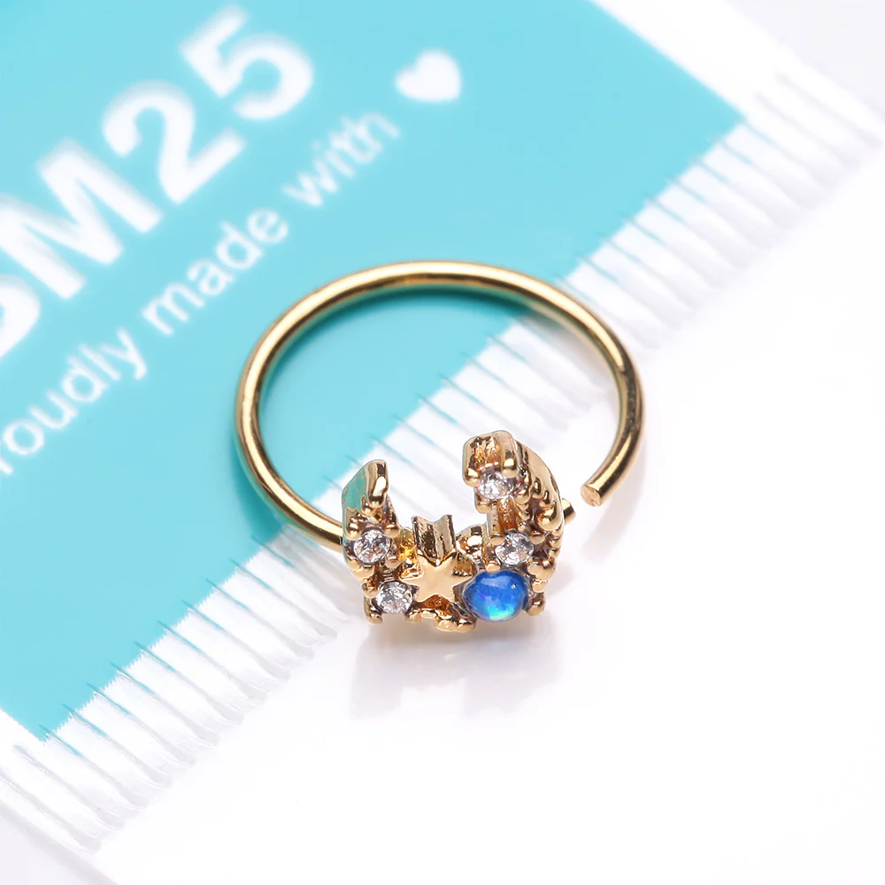 Golden Mystic Opalescent Crescent Moon and Star Sparkle Bendable Hoop Ring - Image 4