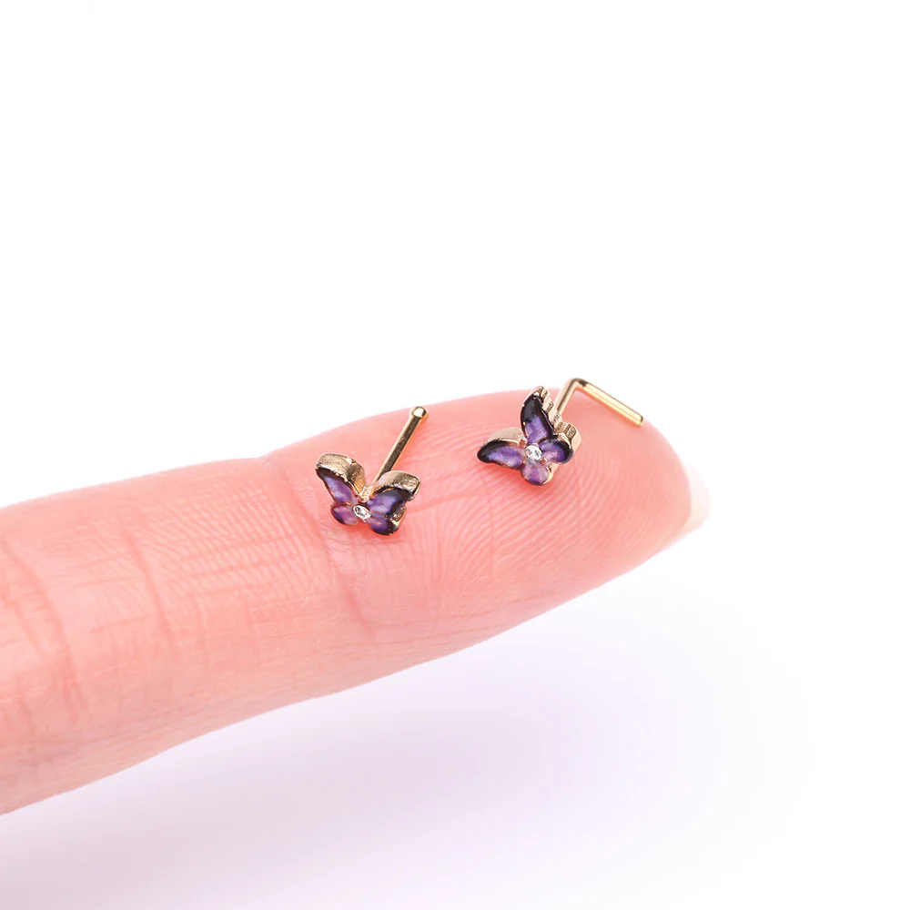 Golden Mystic Purple Butterfly Sparkle Nose Stud Ring - Image 3