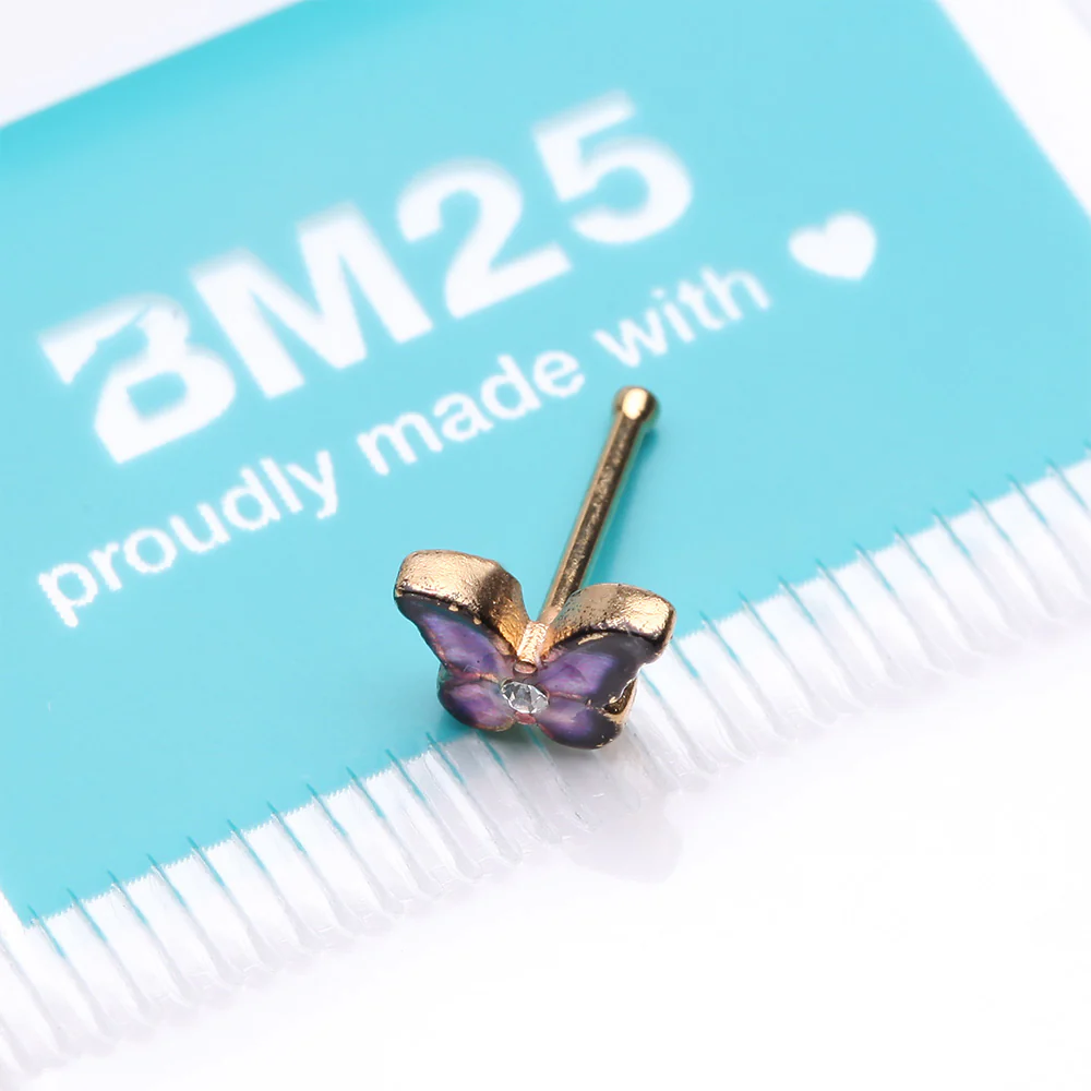Golden Mystic Purple Butterfly Sparkle Nose Stud Ring - Image 4