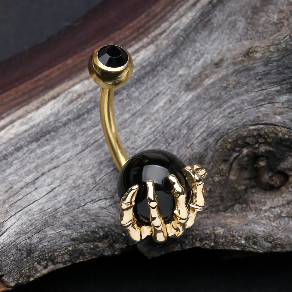 Golden Onyx Stone Orb Shine Skeleton Hand Belly Button Ring - Image 3