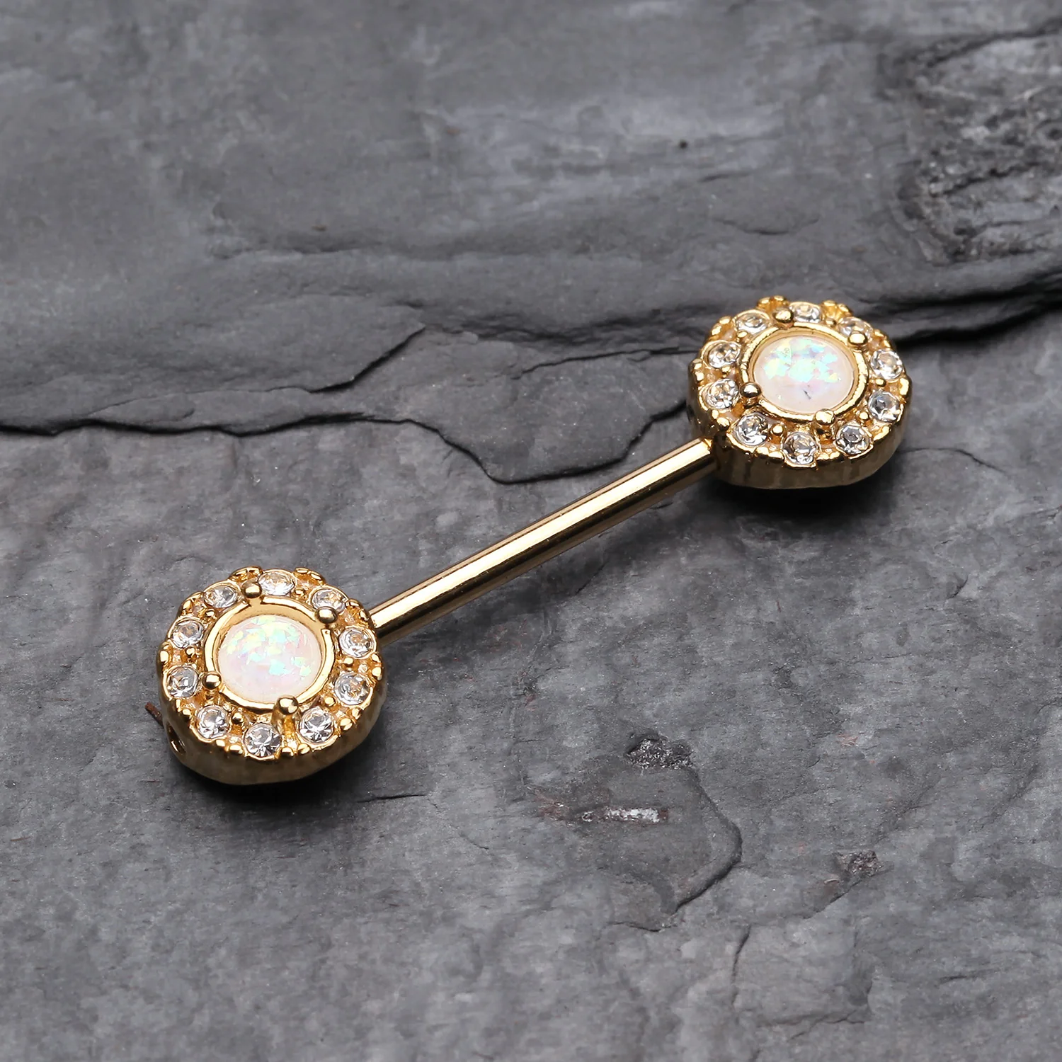 A Pair of Golden Opal Elegance Nipple Barbell Ring - Image 2