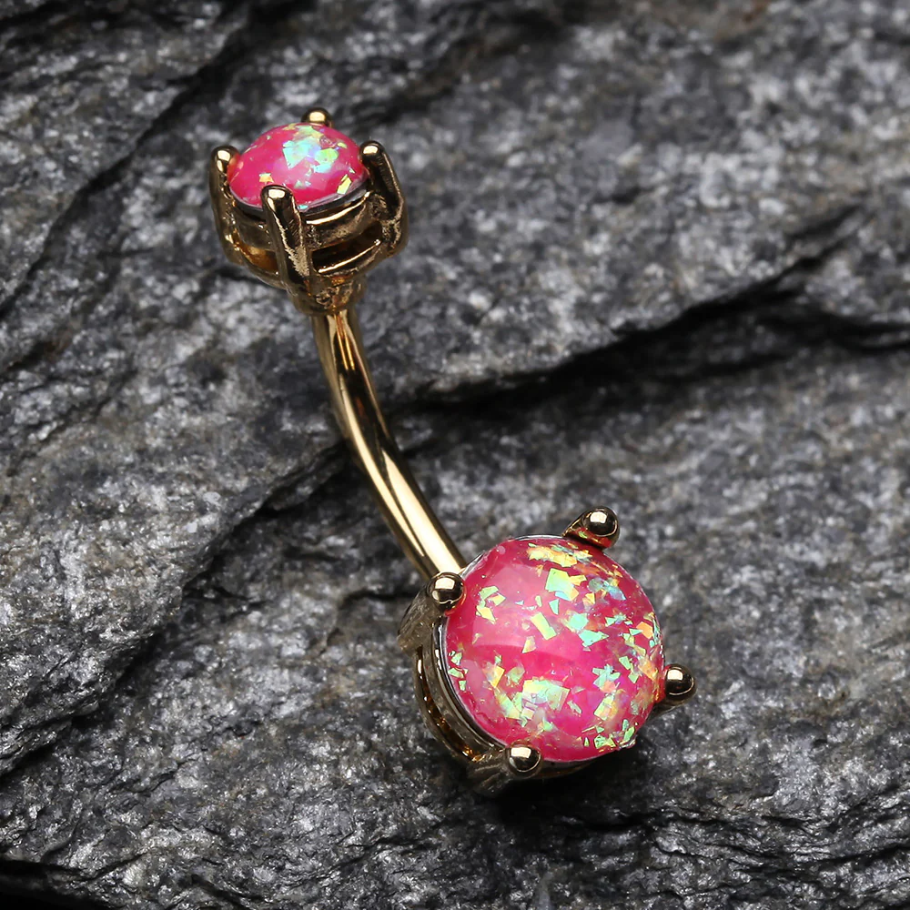 Golden Opal Sparkle Prong Set Belly Button Ring - Image 3
