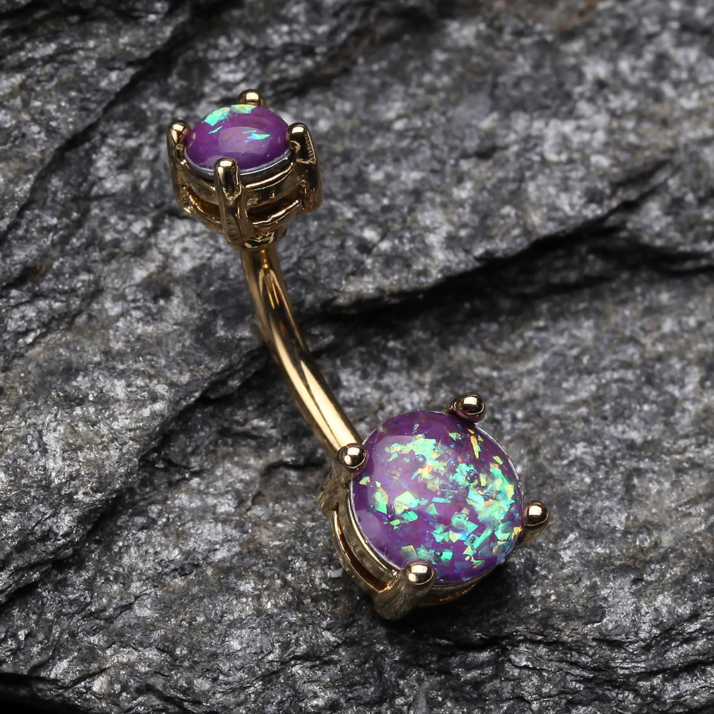 Golden Opal Sparkle Prong Set Belly Button Ring - Image 3