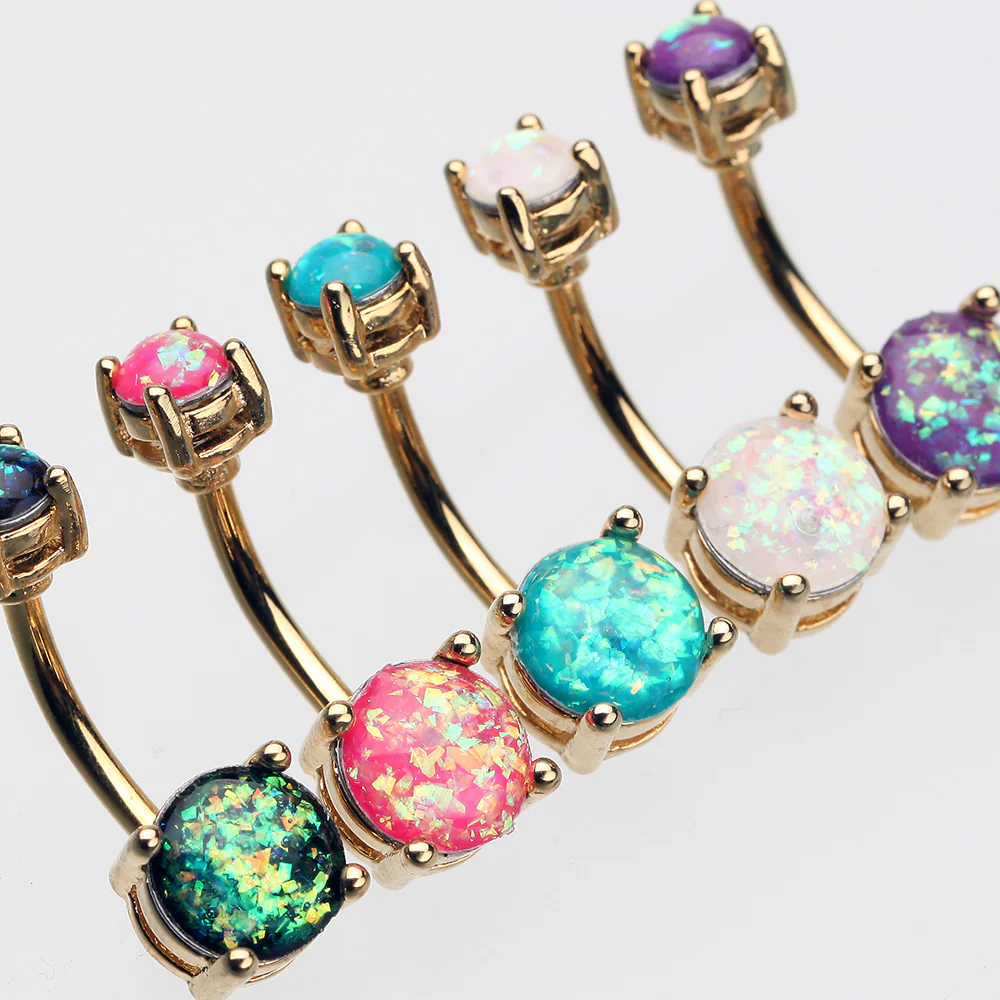 Golden Opal Sparkle Prong Set Belly Button Ring - Image 4