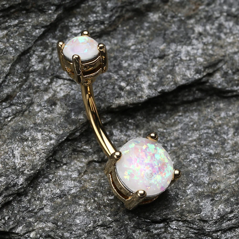 Golden Opal Sparkle Prong Set Belly Button Ring - Image 3
