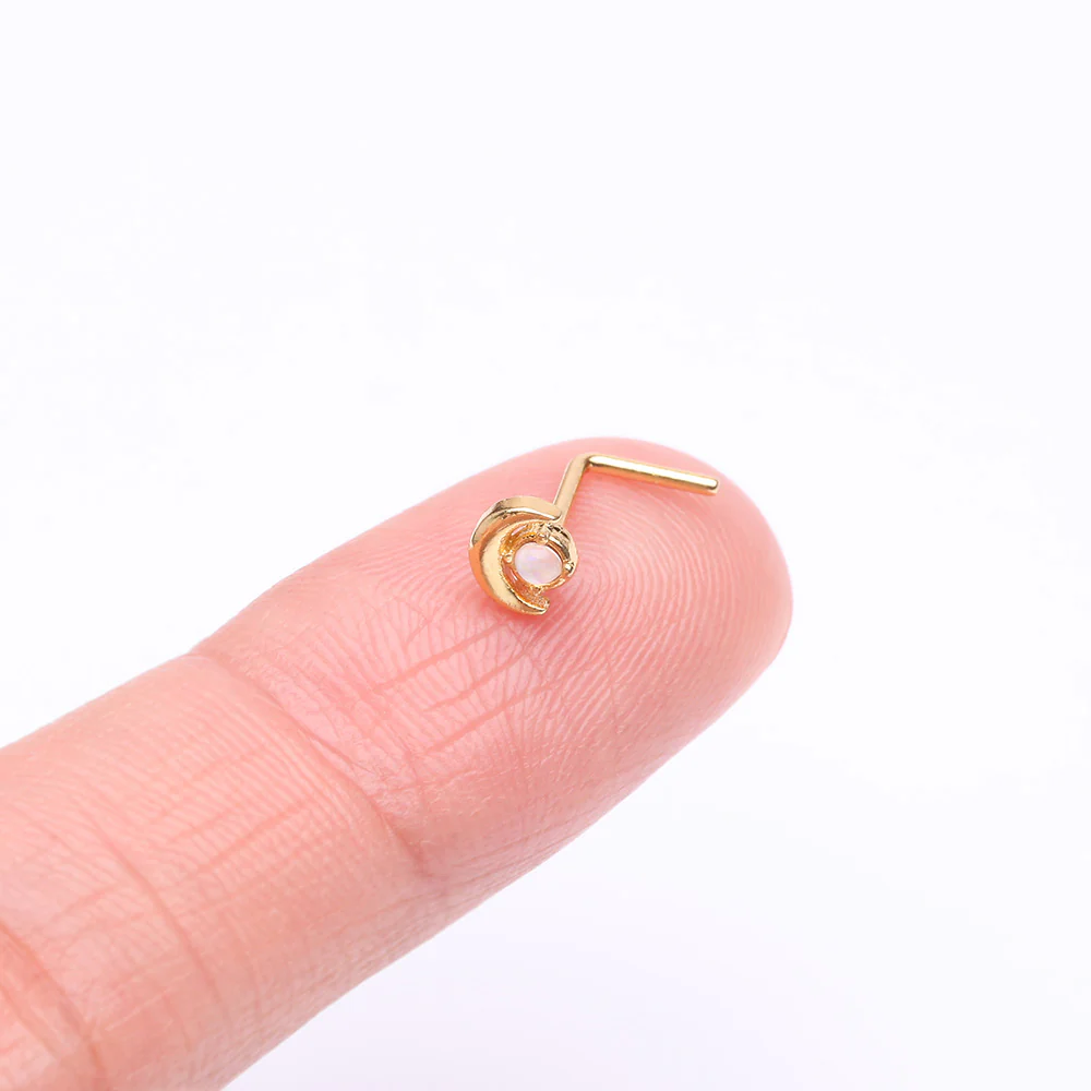 Golden Opalescent Crescent Moon L-Shaped Nose Ring - Image 3