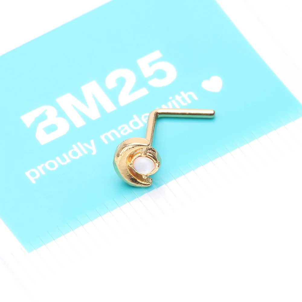 Golden Opalescent Crescent Moon L-Shaped Nose Ring - Image 5