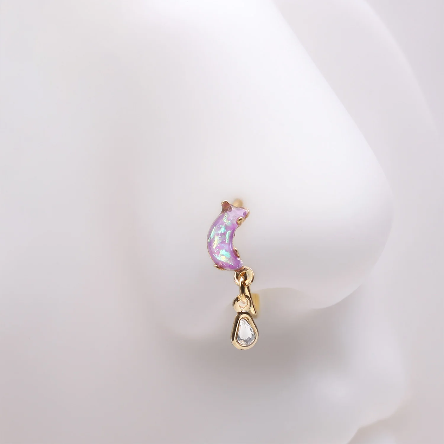 Golden Opalescent Crescent Moon with Teardrop Dangle Sparkle Bendable Hoop Ring - Image 2