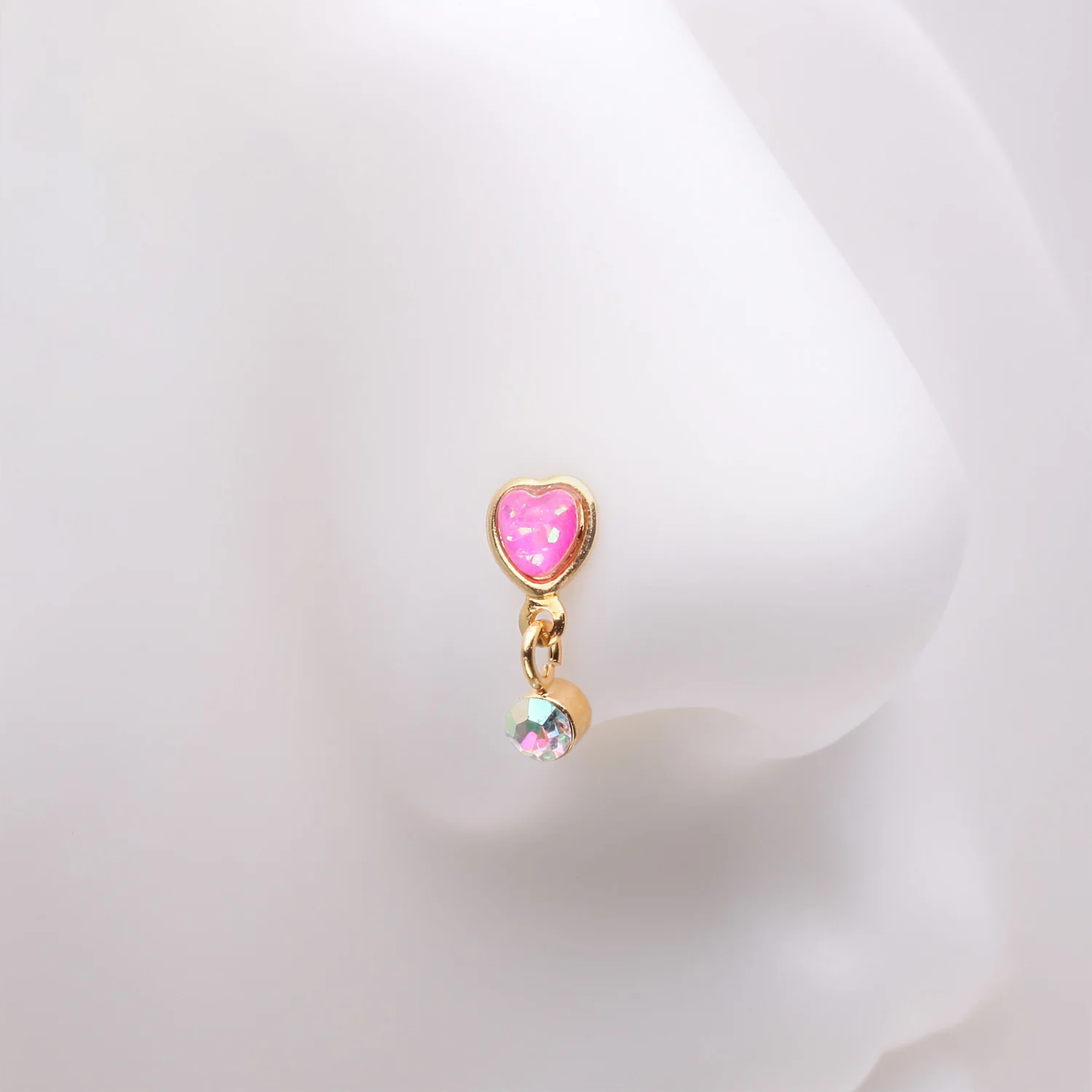 Golden Opalescent Glitter Heart Sparkle Dangle Nose Stud Ring - Image 2
