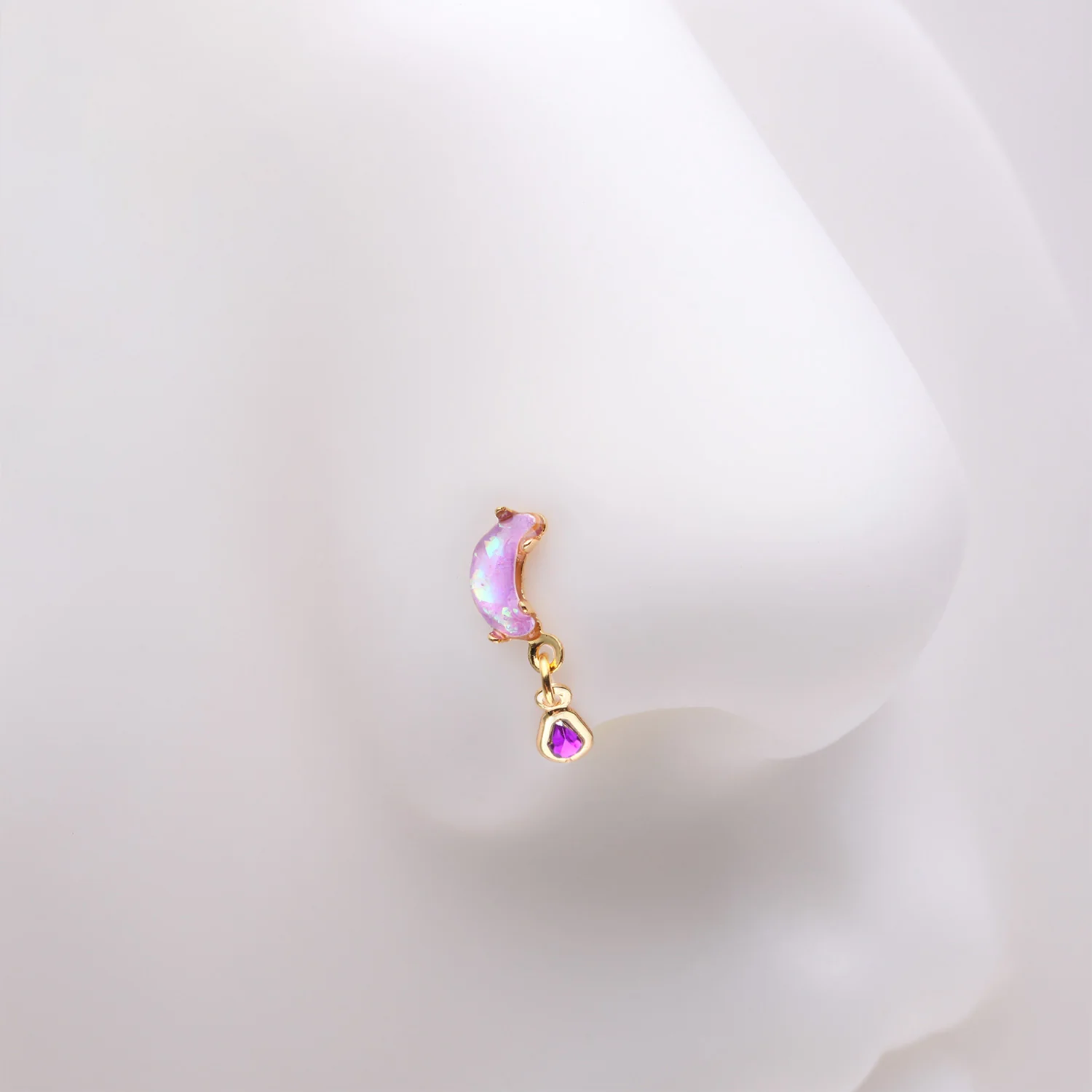 Golden Opalescent Moon Sparkle Teardrop Dangle Nose Stud Ring - Image 2