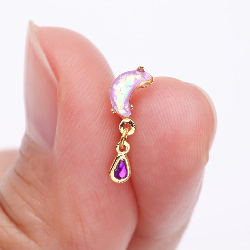 Golden Opalescent Moon Sparkle Teardrop Dangle Nose Stud Ring - Image 3