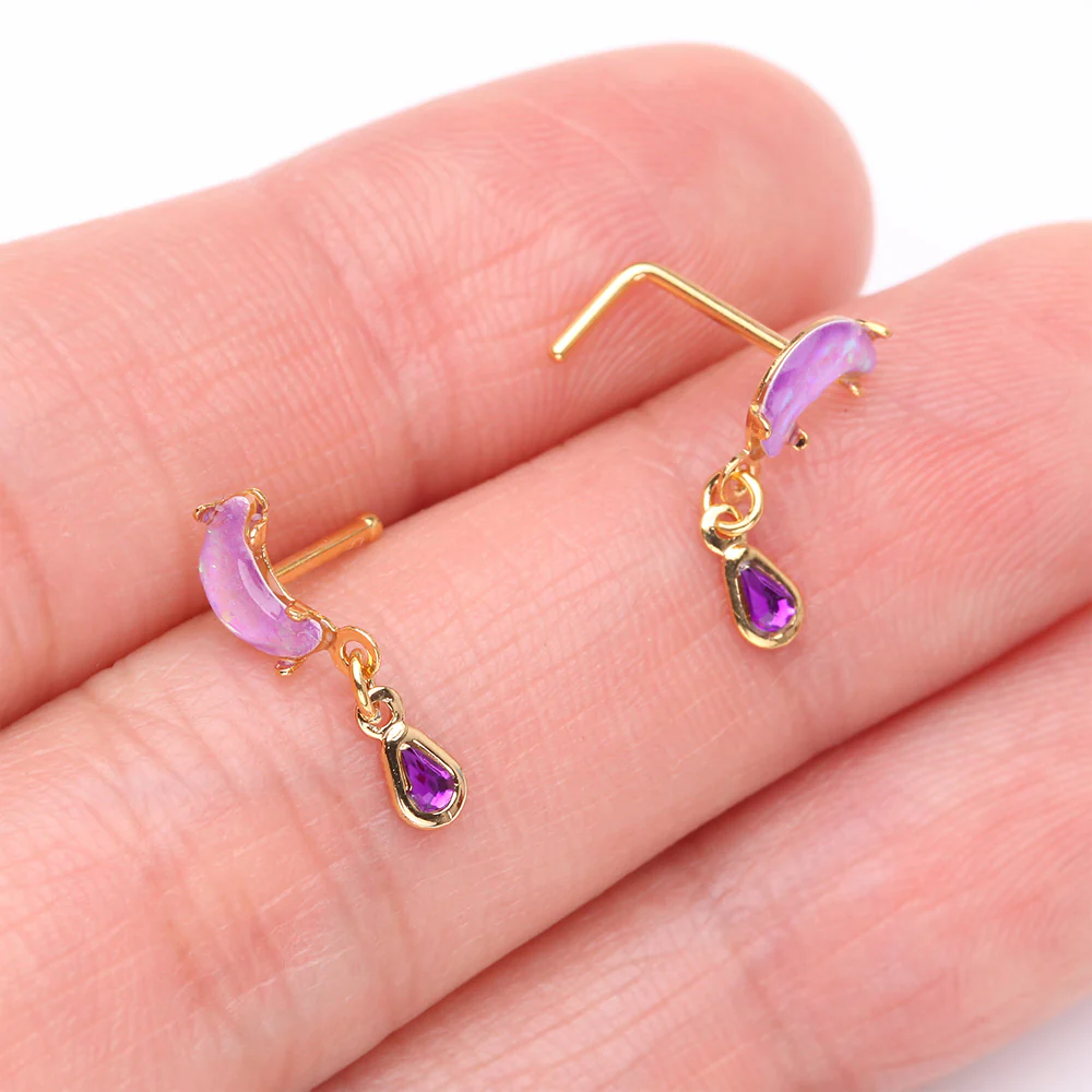 Golden Opalescent Moon Sparkle Teardrop Dangle Nose Stud Ring - Image 4