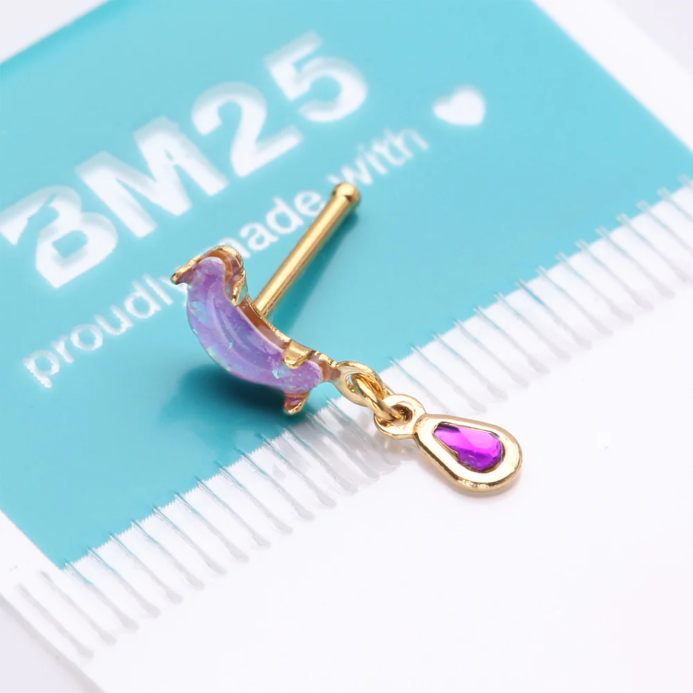 Golden Opalescent Moon Sparkle Teardrop Dangle Nose Stud Ring - Image 5