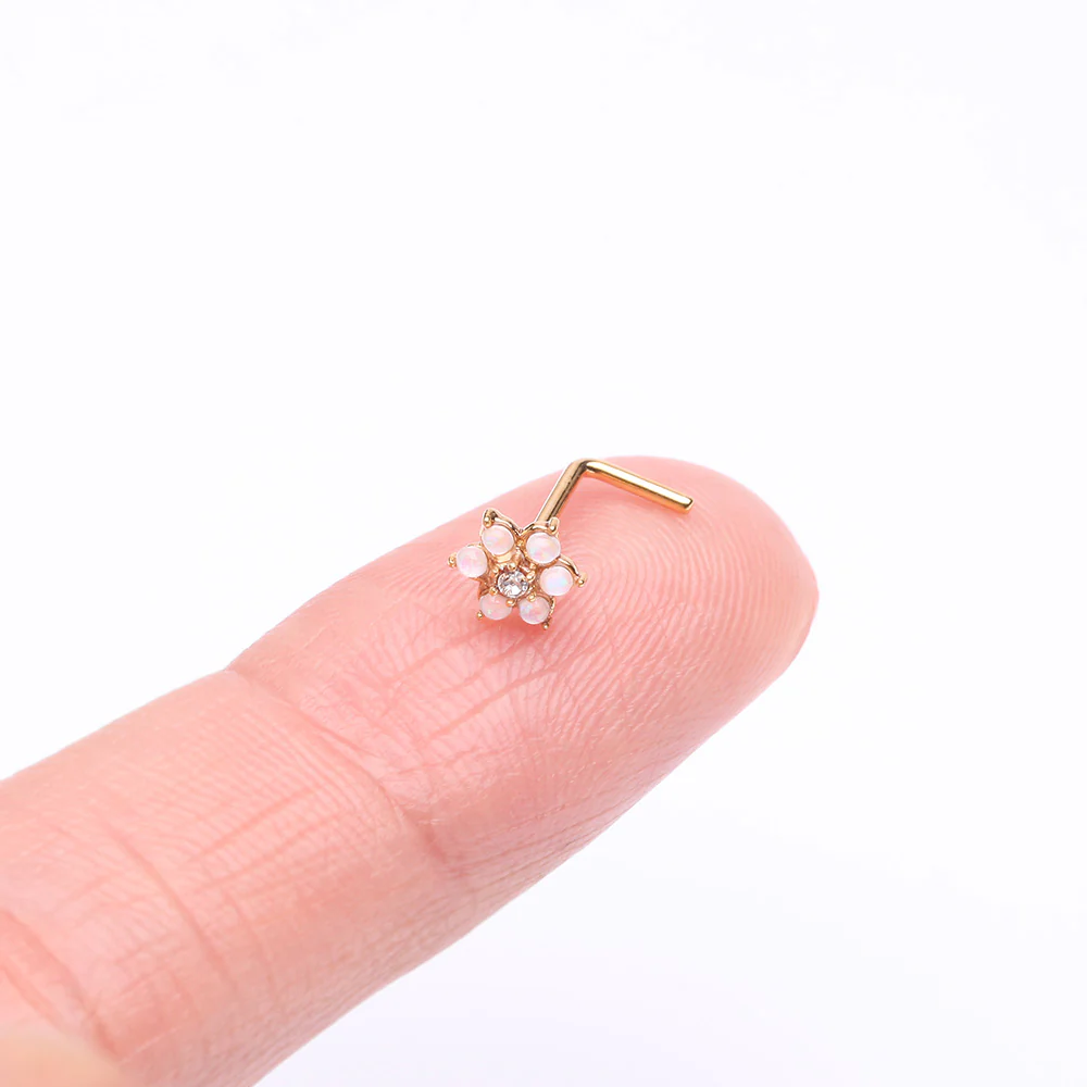 Golden Opalescent Spring Flower Sparkle L-Shaped Nose Ring - Image 3