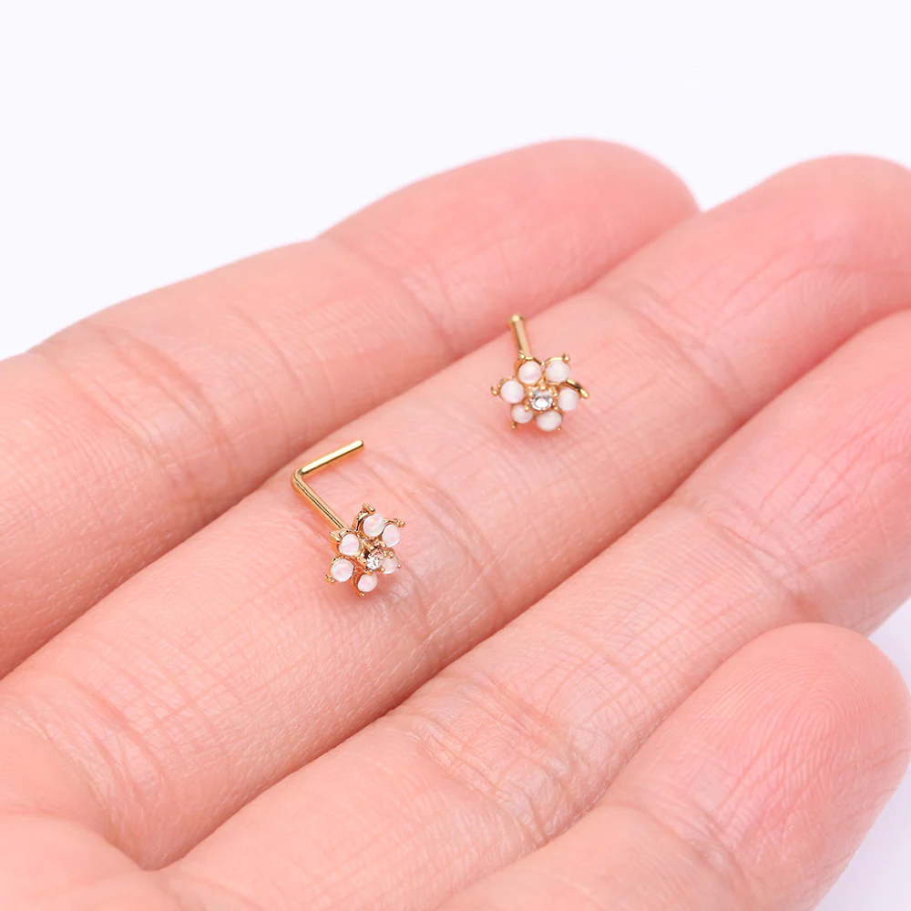 Golden Opalescent Spring Flower Sparkle L-Shaped Nose Ring - Image 4