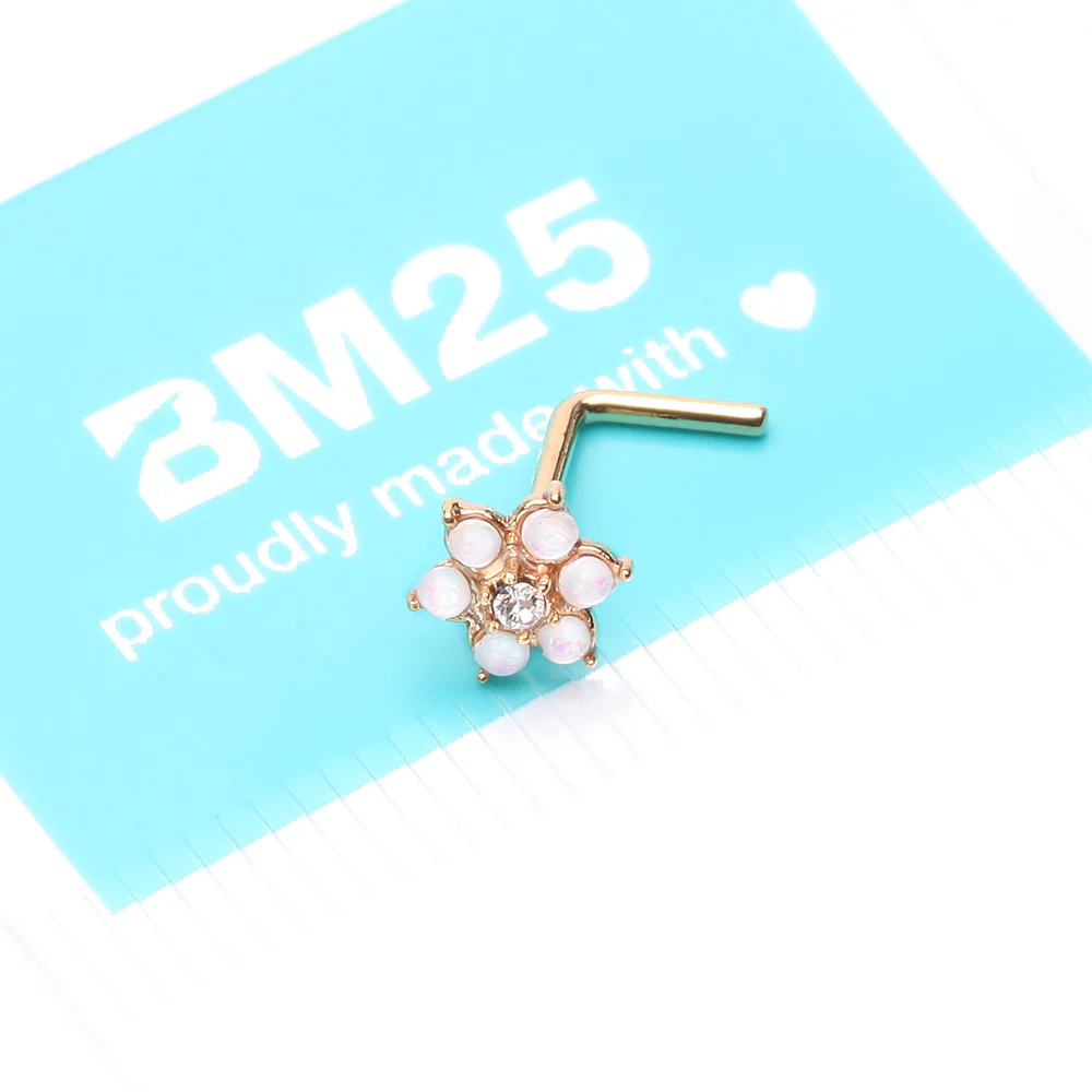 Golden Opalescent Spring Flower Sparkle L-Shaped Nose Ring - Image 5