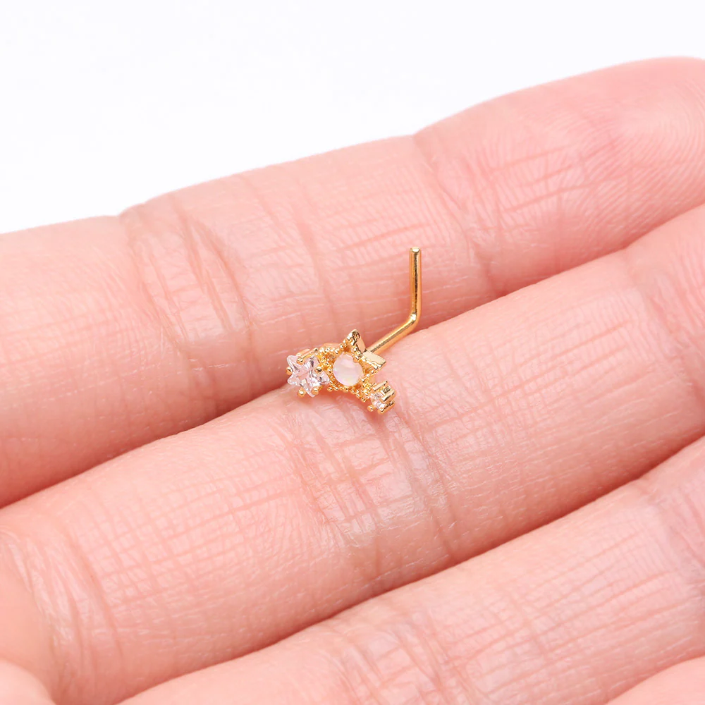 Golden Opalescent Star Sparkles L-Shaped Nose Ring - Image 3