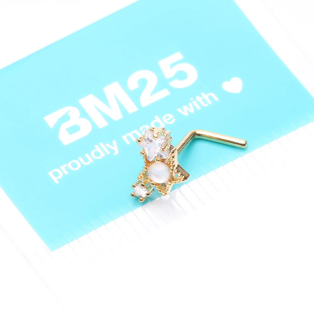 Golden Opalescent Star Sparkles L-Shaped Nose Ring - Image 5