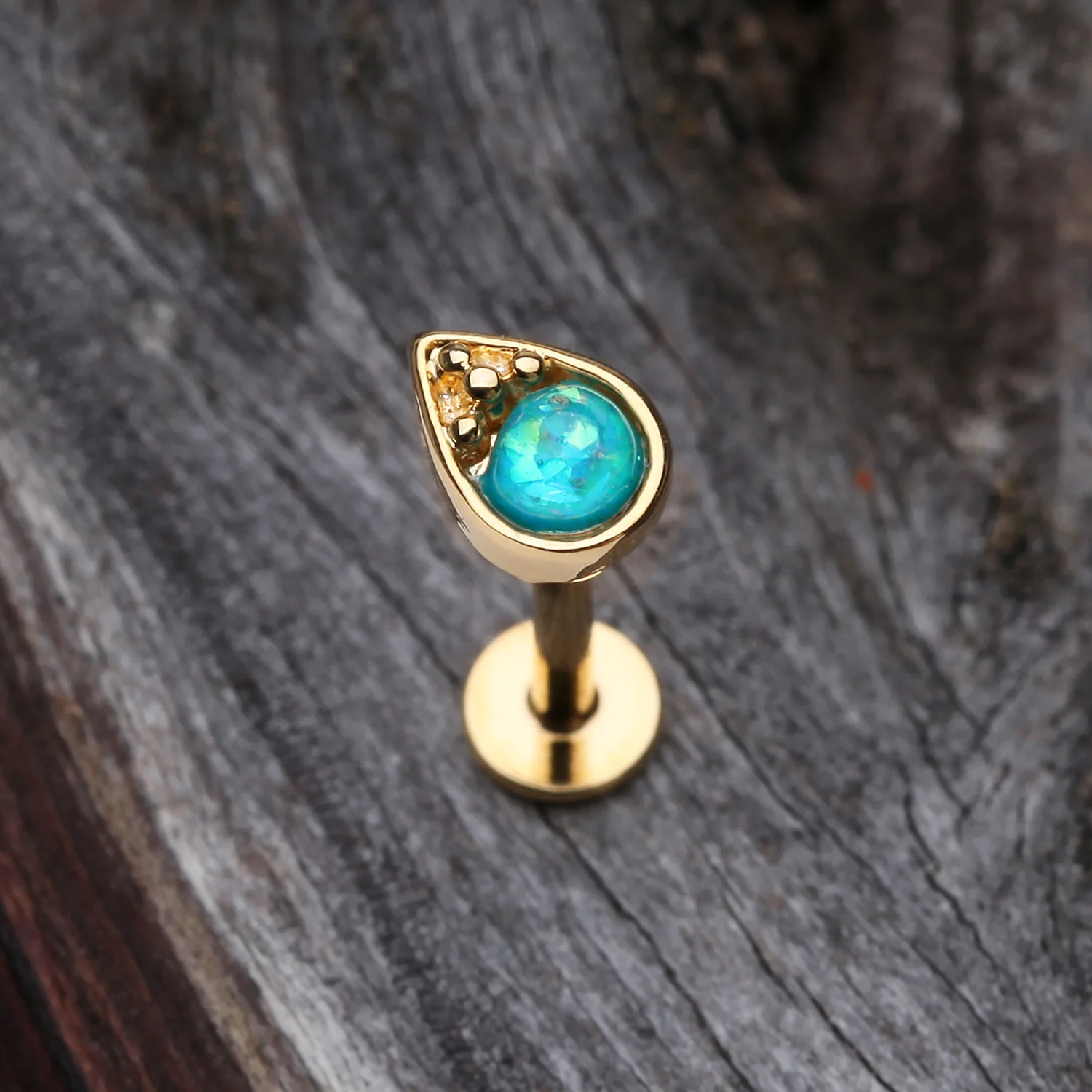Golden Opalescent Teardrop Top Steel Labret - Image 2