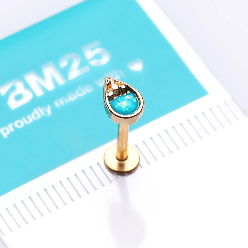 Golden Opalescent Teardrop Top Steel Labret - Image 3