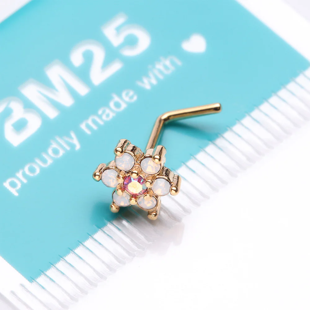 Golden Opalite Rose Spring Flower Sparkle L-Shaped Nose Ring - Image 4