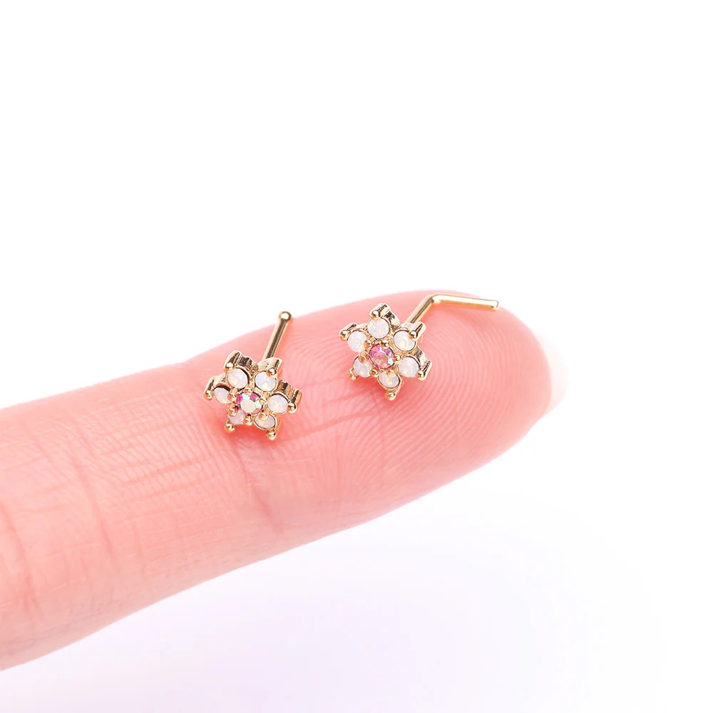 Golden Opalite Rose Spring Flower Sparkle Nose Stud Ring - Image 3