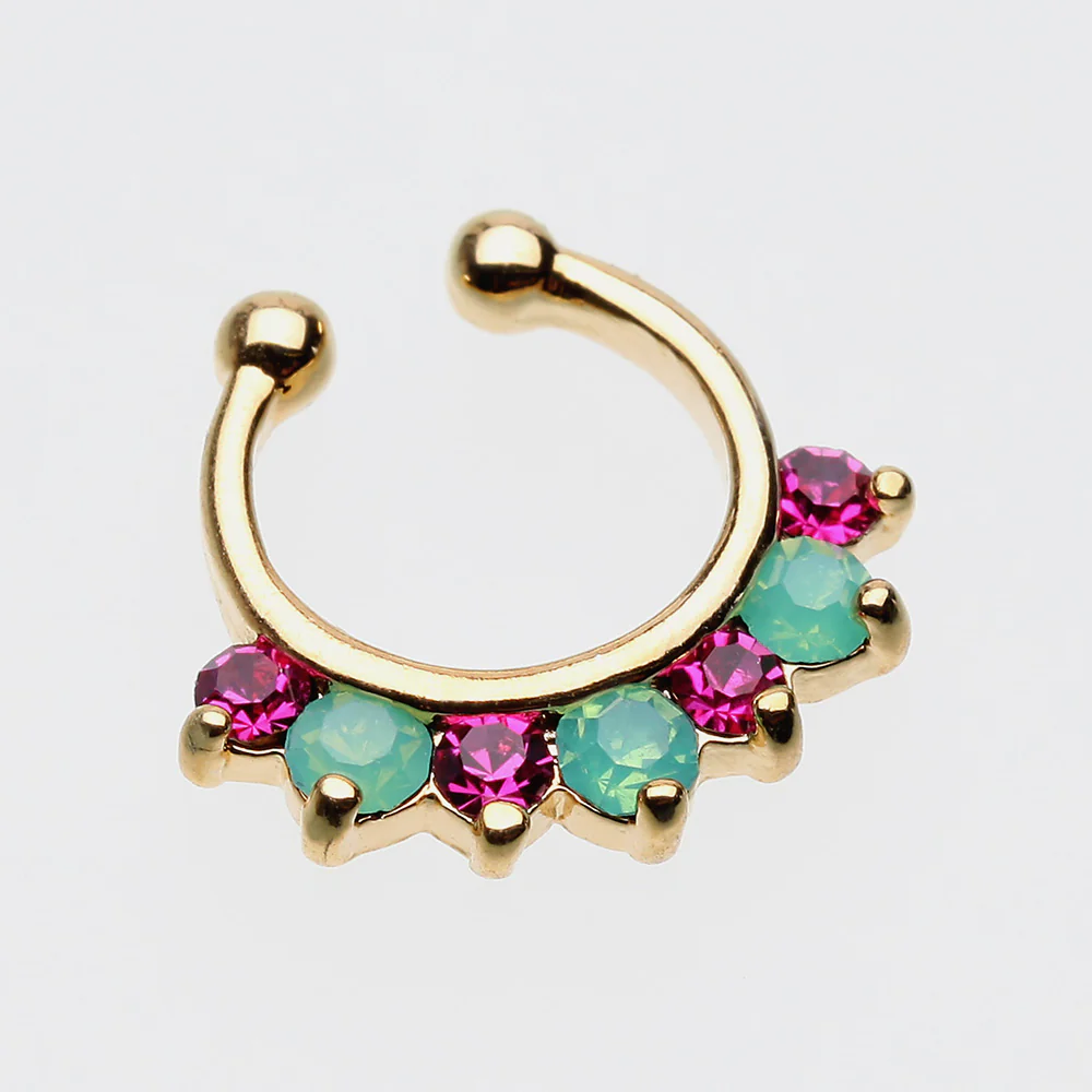 Golden Opalite Sparkle Deuce Fake Septum Clip-On Ring - Image 3