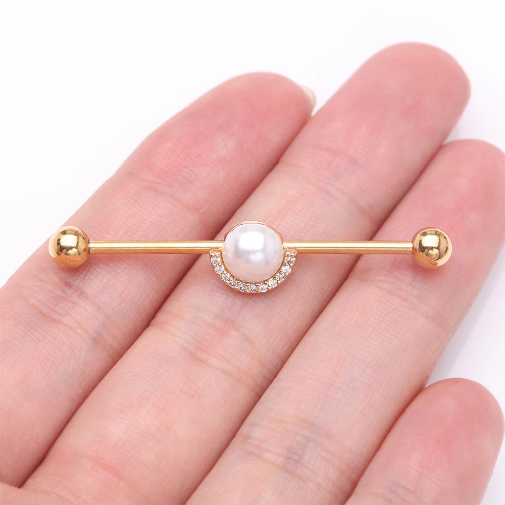 Golden Pearlescent Sparkle Crescent Rim Industrial Barbell - Image 3