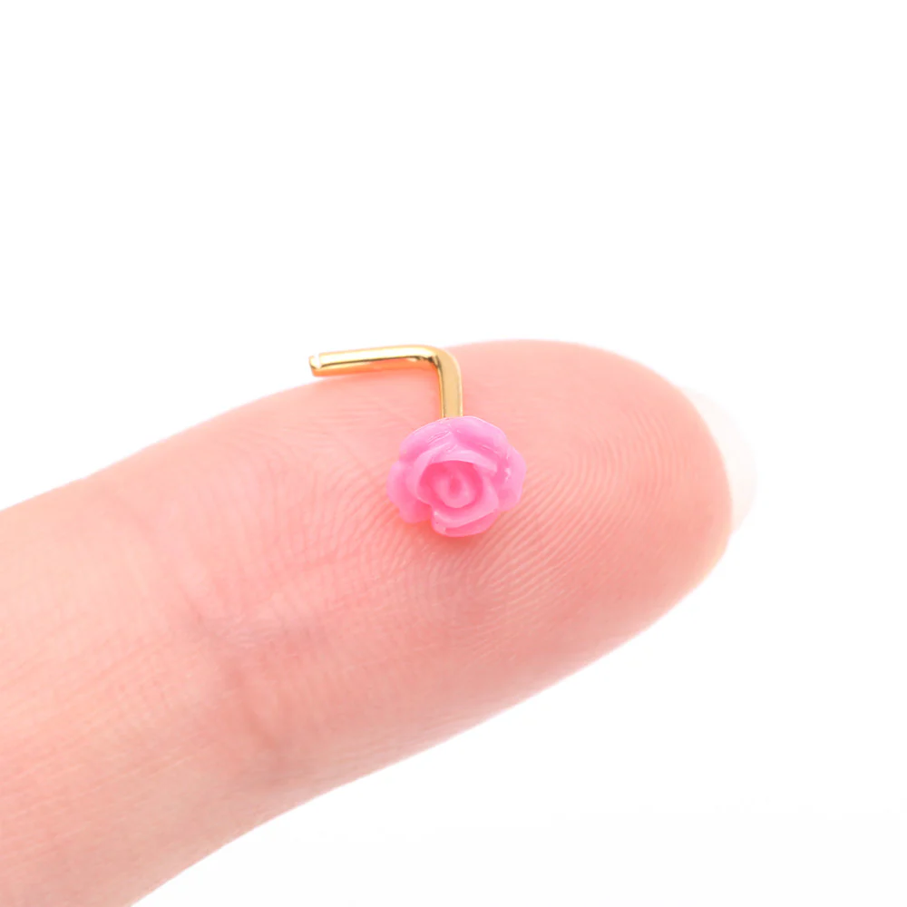 Golden Pink Blossom Rose L-Shaped Nose Ring - Image 3