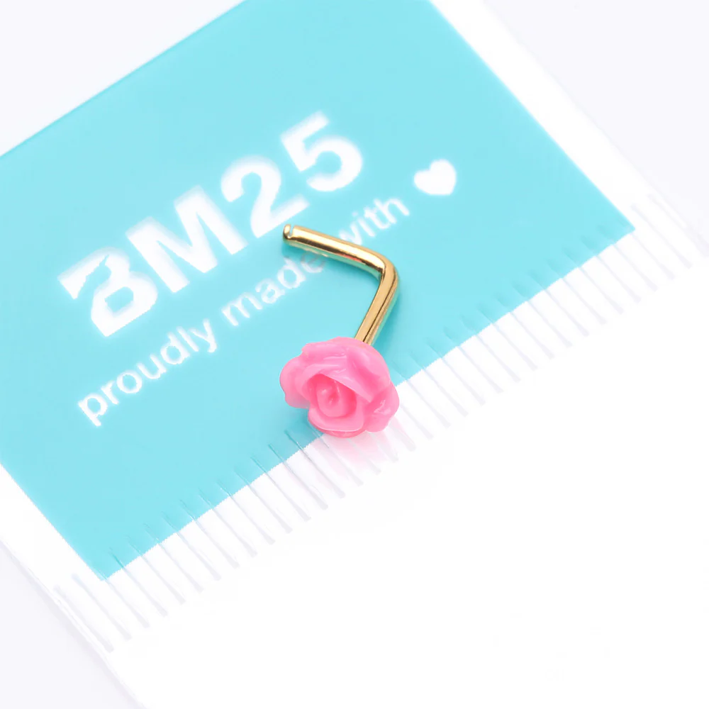 Golden Pink Blossom Rose L-Shaped Nose Ring - Image 5