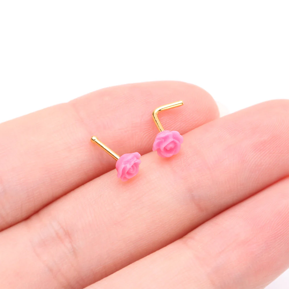 Golden Pink Blossom Rose Nose Stud Ring - Image 4